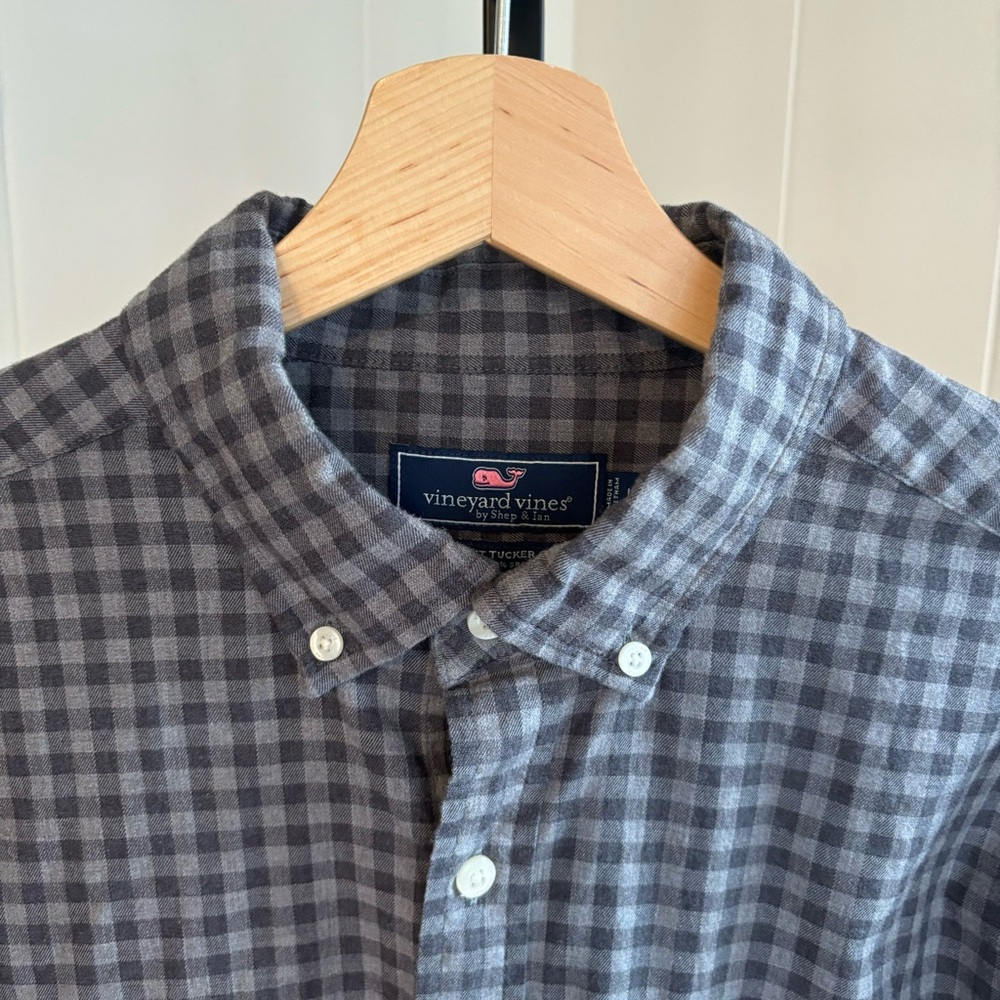 Vineyard Vines Gray Gingham Plaid Cotton Stretch Classic Fit Tucker Shirt Mens L